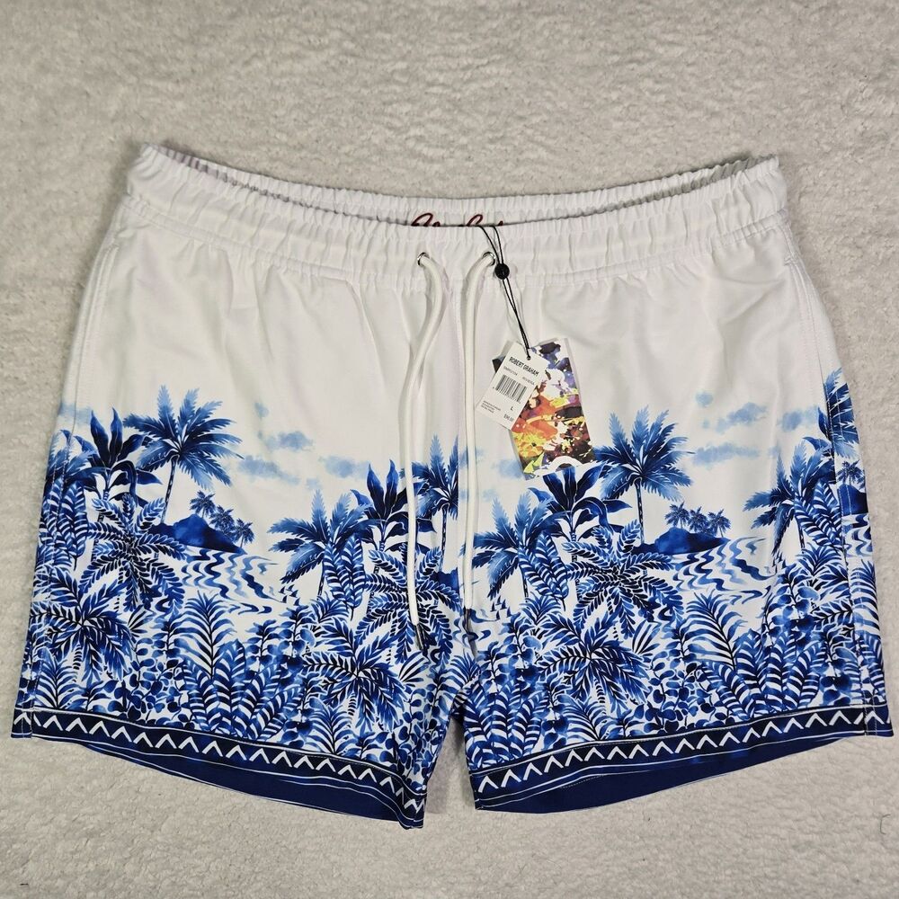 Robert Graham Swim Trunks Mens Large 5" Inseam Riviera Palm Trees Lined Shorts L